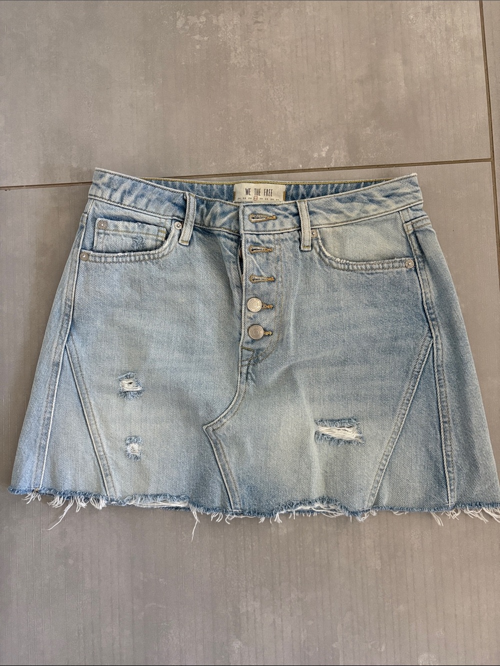 Free People Faded Light Blue Distressed Denim Mini Skirt